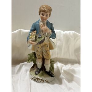 Vintage Bisque Ceramic Figurine, Boy with Flowers 7"